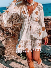 Women's Dresses Printed V-Neck Fringed Long-Sleeve Dress